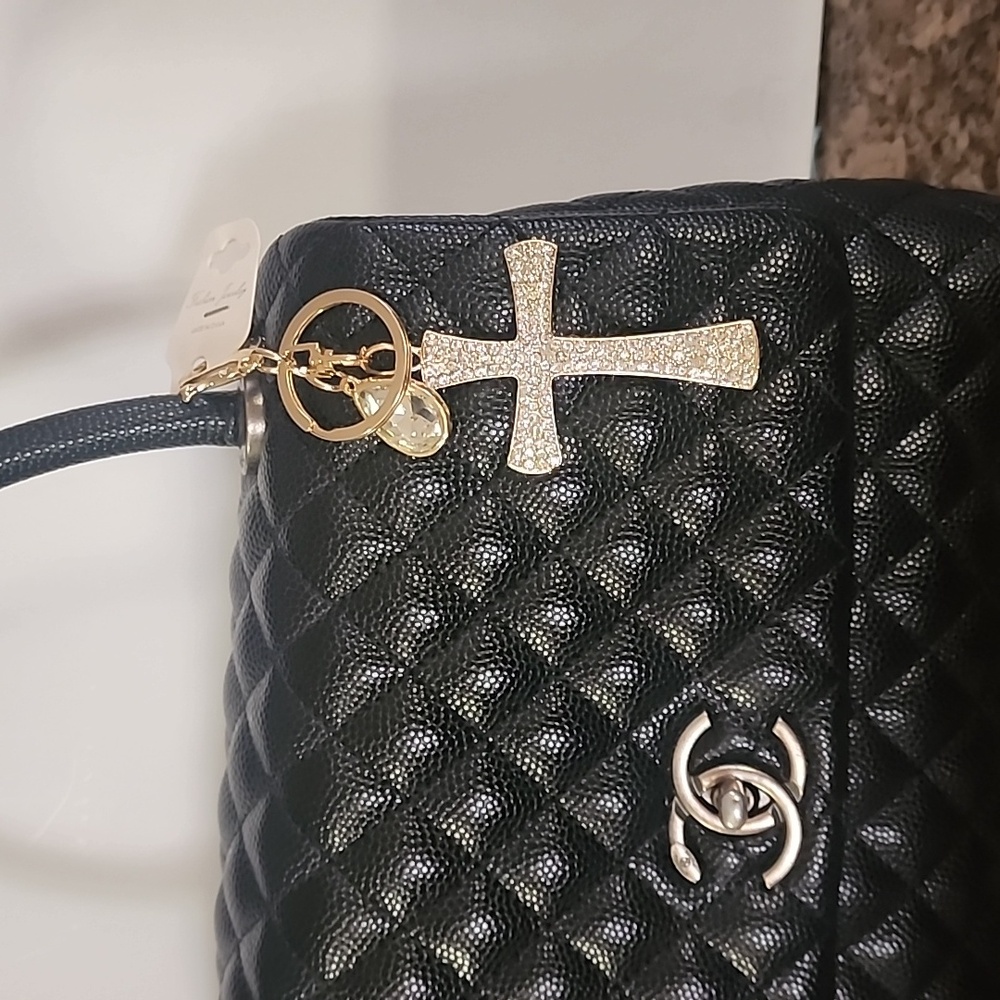 Crystaly Gold Tone Cross Handbag Purse Keychain,Zipper Pull